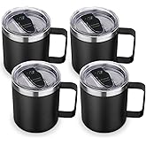 Volhoply 14oz Insulated Stainless Steel Coffee Mug with Lid Bulk 4 Pack,Double Wall Vacuum Travel Coffee Cup with Handle,Reusable Metal Cups Tumbler,Camping Mugs Keep Hot,Ideal Gifts(Black,4)