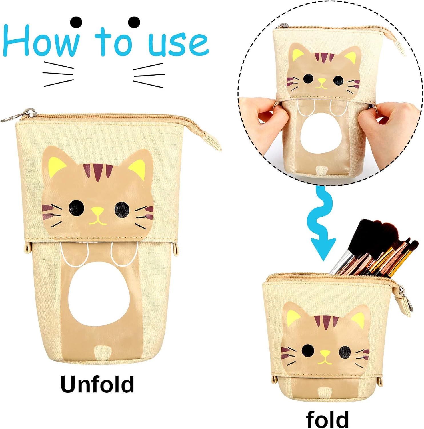 Zonon 4 Pieces Standing Pencil Case Cat Print Telescopic Pencil Case Stand up Pen Holder Canvas PU Cartoon Portable Makeup Bag for School Office Cosmetics Gift Supply(Cat Print) - Image 4