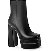 ANN CREEK Women's Double Platform Ankle Boots Chunky Heel Booties Side Zipper Square Toe High Heel Casual Boots