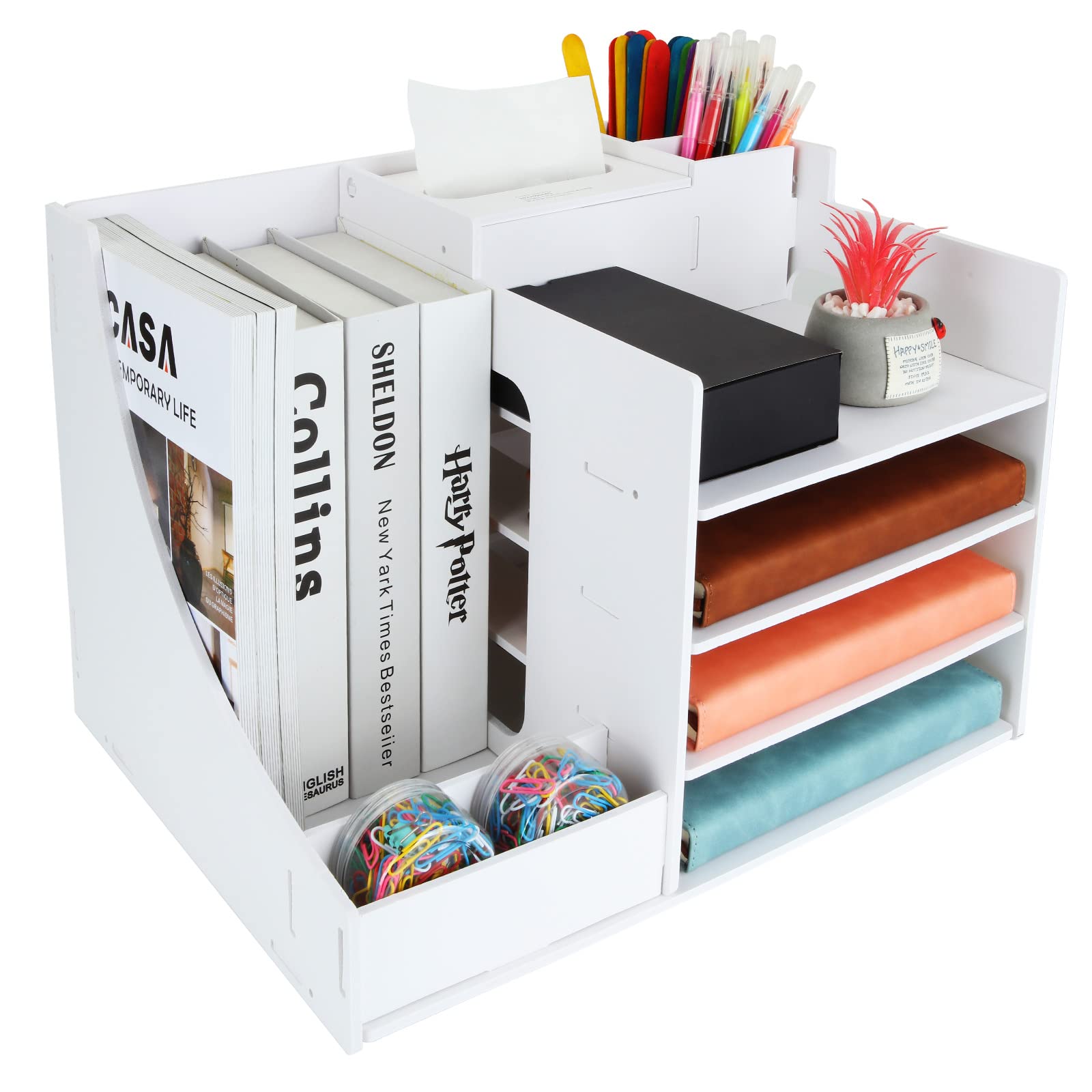 ASelected Desktop Organiser, Office Stationery Desk Tidy Storage Rack, Multipurpose Desk Document File Tray Organizer Storage Display Rack For A4 Papers, Letters, With Pen Holder & Tissue Box