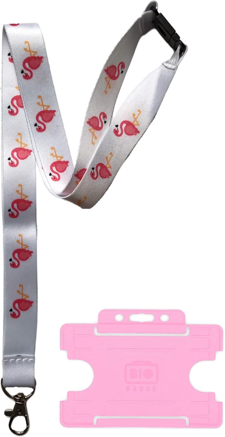 Flamingo Print Lanyard 20mm & Safety Breakaway & Matching Single Pink Card Holder