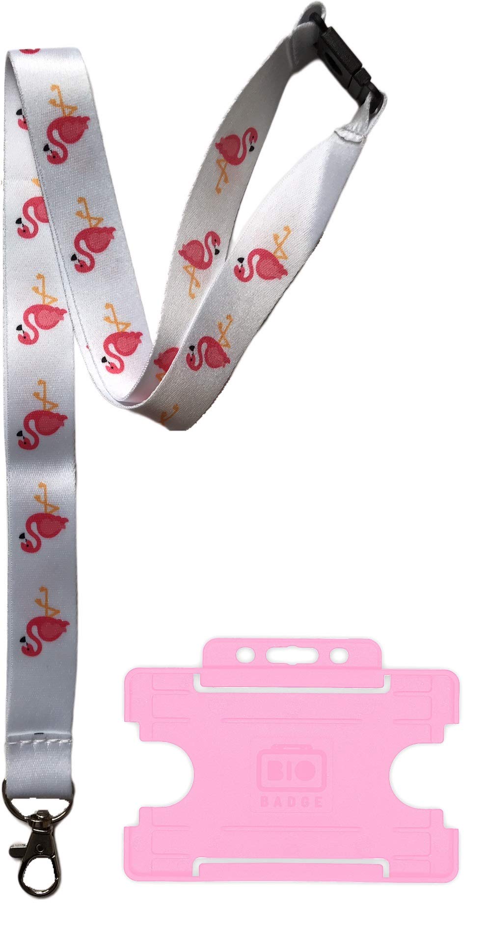 Flamingo Print Lanyard 20mm & Safety Breakaway & Matching Single Pink Card Holder