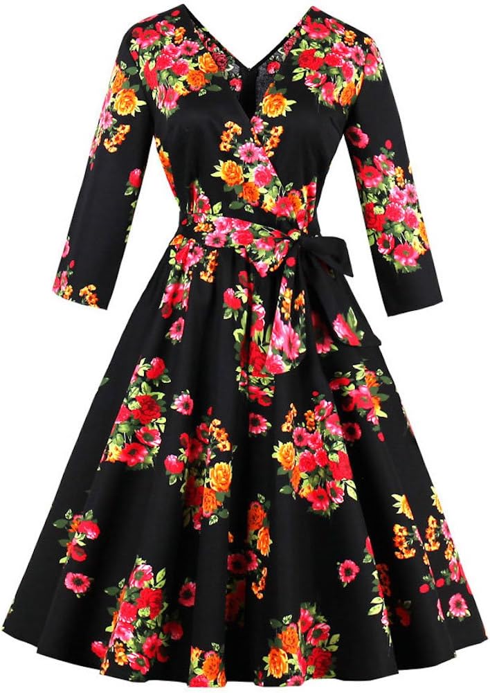Ayli Women's 3/4 Sleeve 1950s Retro Vintage Hollywood Star Party Large Swing Midi Dress
