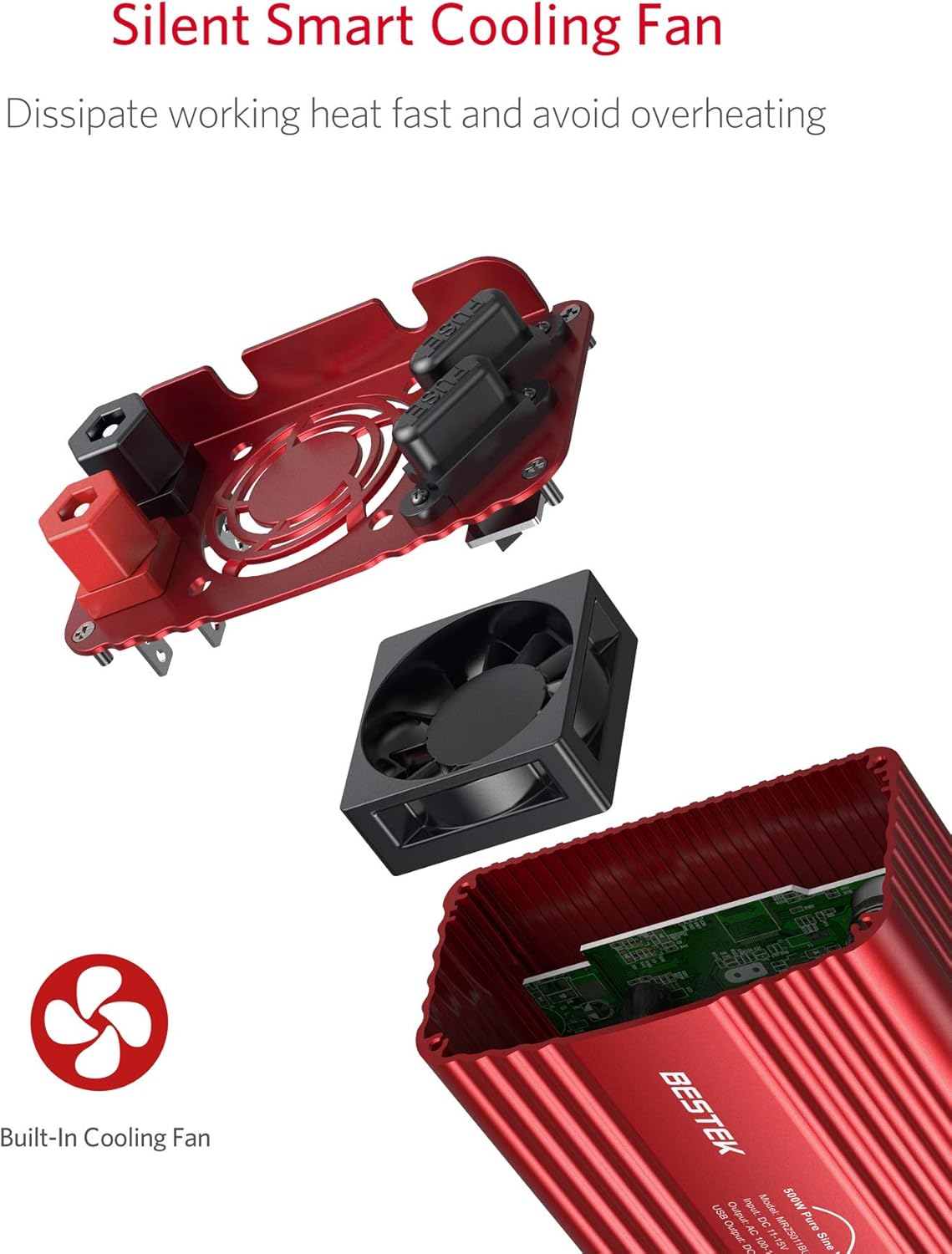 BESTEK 500W Pure Sine Wave Power Inverter DC 12V to AC 230V 240V with 4.2A Dual Smart USB Ports Car Adapter Red - Image 5