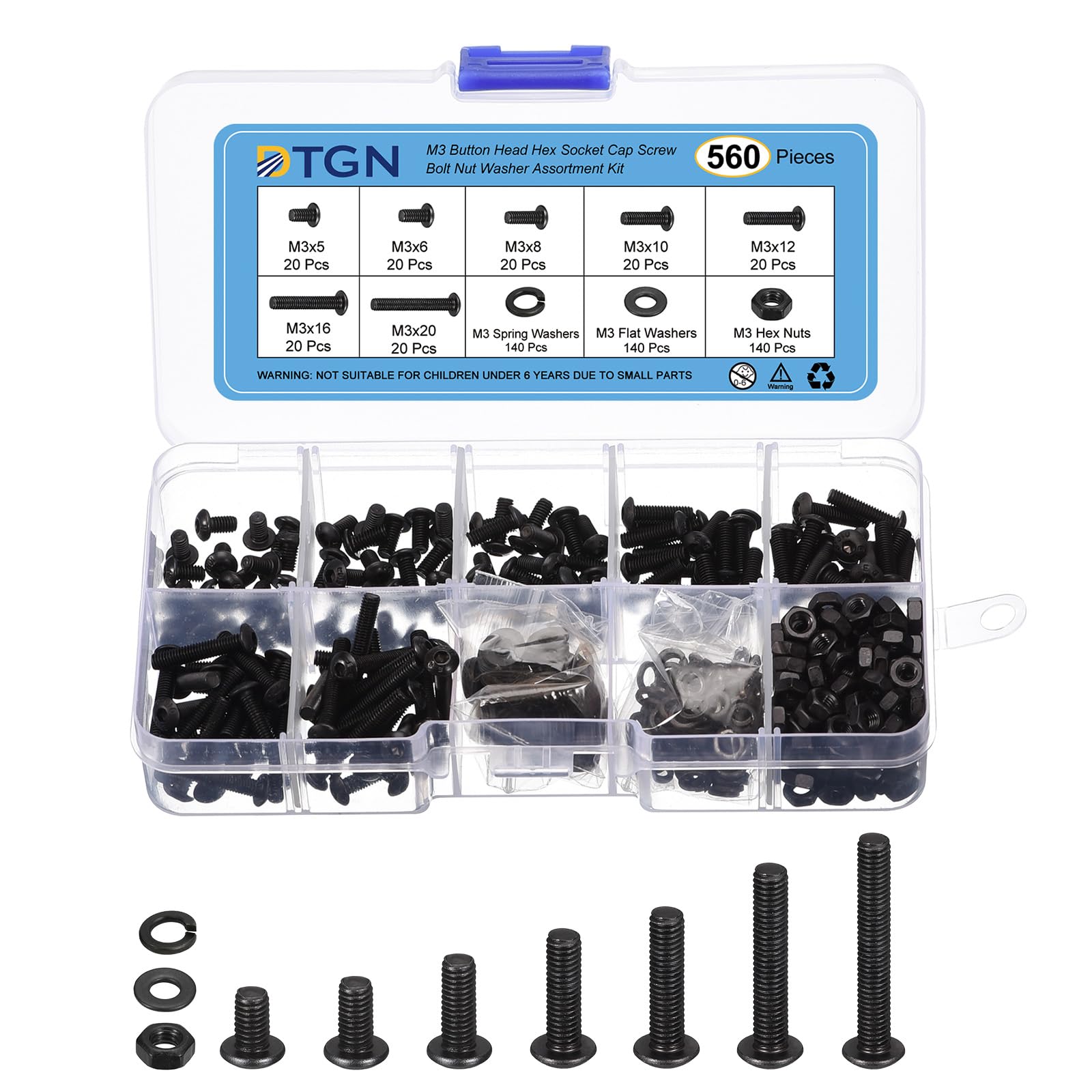 DTGN 560Pcs M3 Button Head Hex Socket Cap Screw - 5-20mm Bolt Nut Washer Assortment Kit Carbon Steel Black - Good for Machine, Furniture