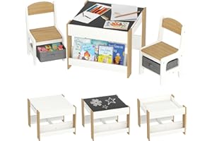 Qaba 3 in 1 Kids Table and Chair Set, Toddler Table and Chair Set with Reversible Tabletop, Blackboard, Storage, Bookshelves,