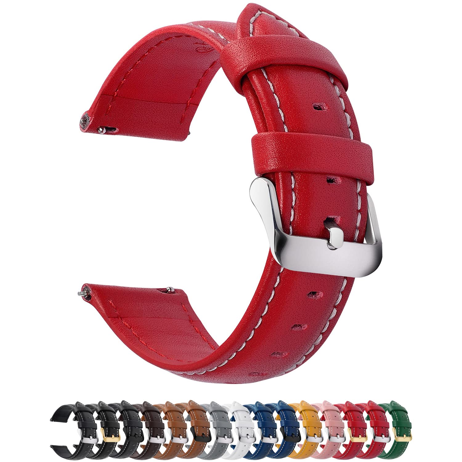 Fullmosa Watch Strap, Genuine Leather Watch Straps with Stainless Metal Clasp, Quick Release Replacement Bands, 14mm 16mm 18mm 19mm 20mm 22mm 24mm, Red
