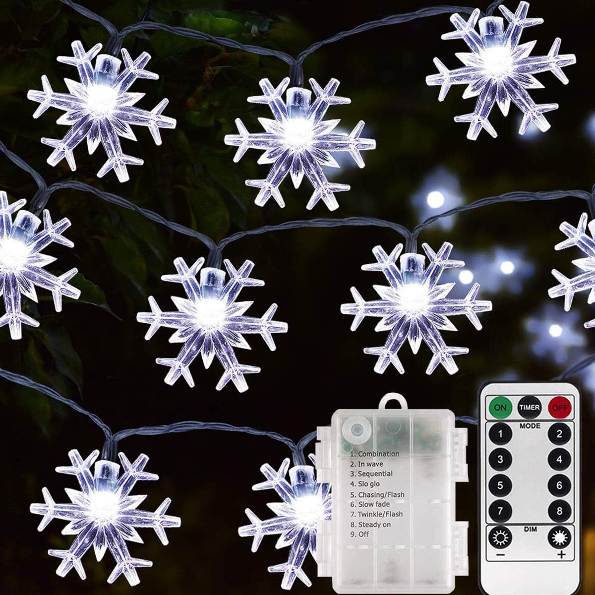 YNERHAI 19ft / 40 LED Cold White Snowflake Fairy Lights with Remote Control, Battery Powered Snowflake Shaped LED String Lights for Christmas Outdoor, Party, Wedding, New Year, Garden Decoration