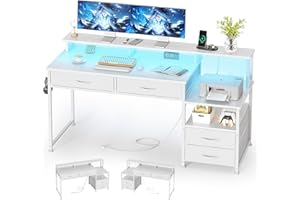 MUTUN 53" Computer Desk with Power Outlet and Storage Drawers, Reversible Office Desk, Bureau de Travail, Desks with Monitor 