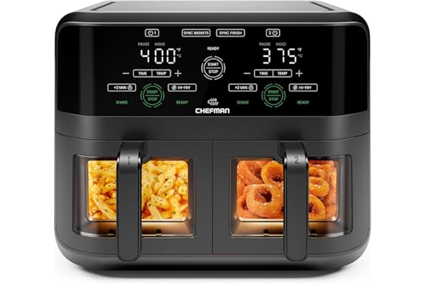 CHEFMAN 6 Quart Dual Basket Air Fryer Oven with Easy View Windows, Sync Finish, Hi-Fry, Auto Shutoff, 2 Independent 3Qt Nonst