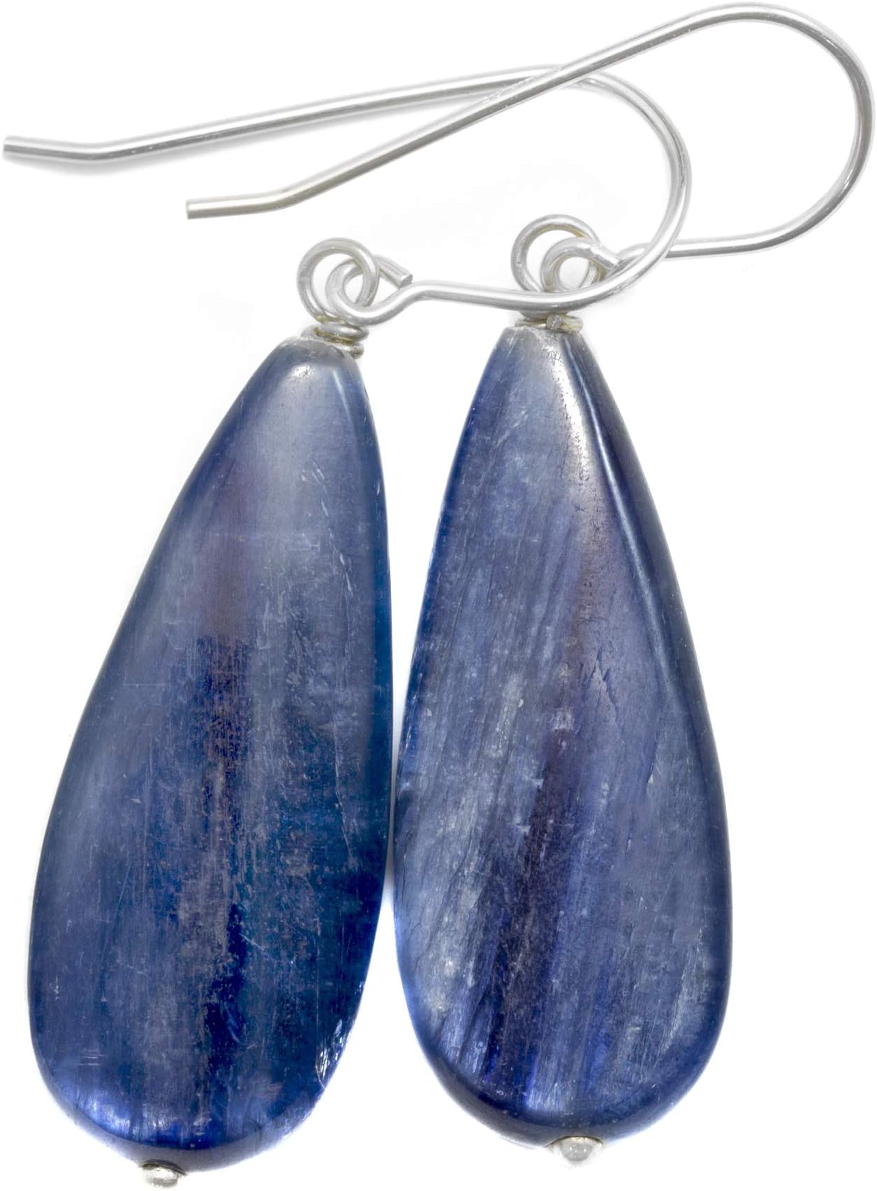 Kyanite Earrings Deep Blue Rounded Long Teardrop Smooth Simple Dangles