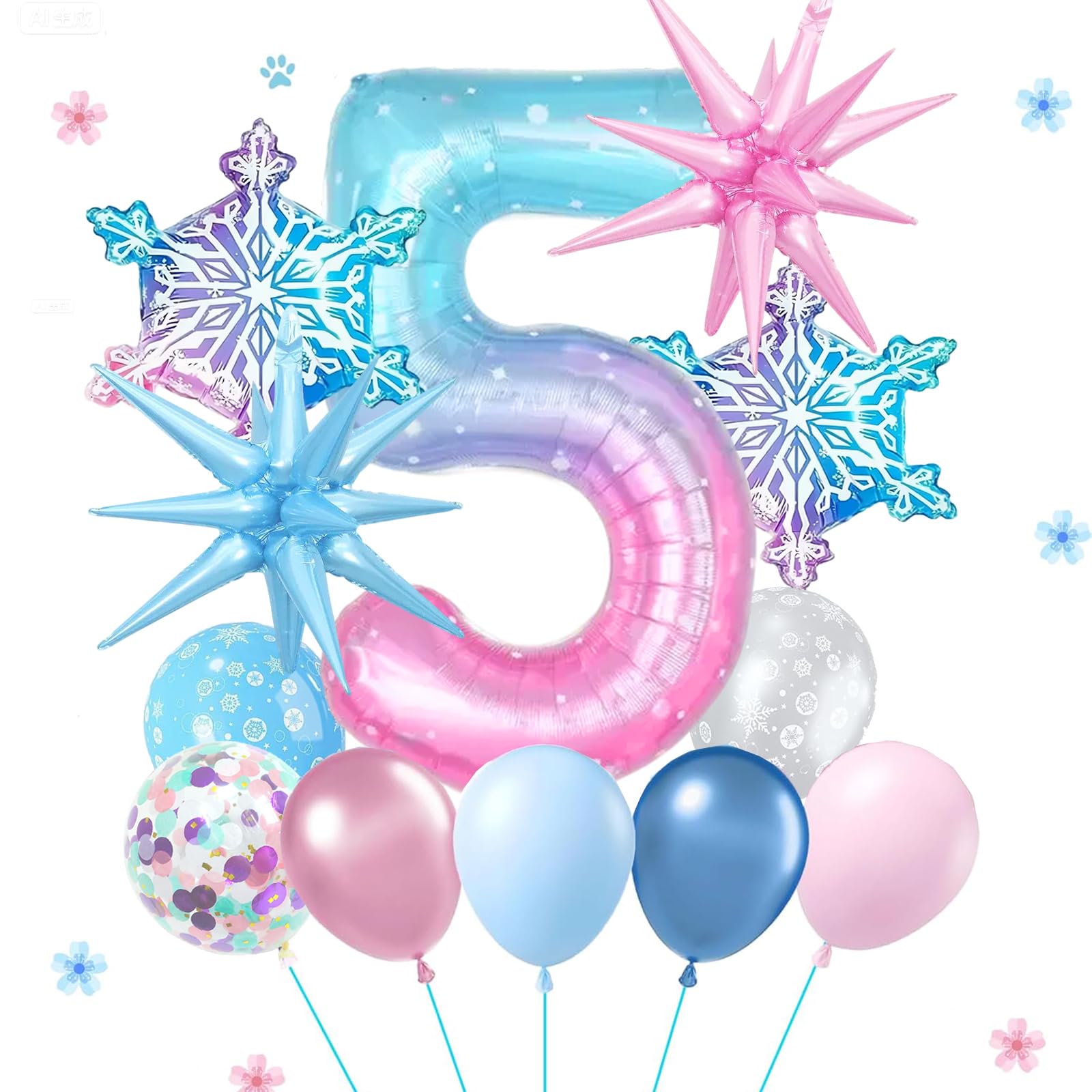 Photo 1 of 12Pcs Snowflake Number 5 Foil Balloon Set 40 Inch Large Snow Blue Purple 5th Mylar Balloon Winter Princess Wonderland Baby Shower Birthday Party Decorations Supplies