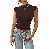 Nasperee Women Sleeveless/Cap Sleeve Mock Turtleneck Tank Tops Slim Fit Side Ruched Stretch Crop Y2K Tee Shirts