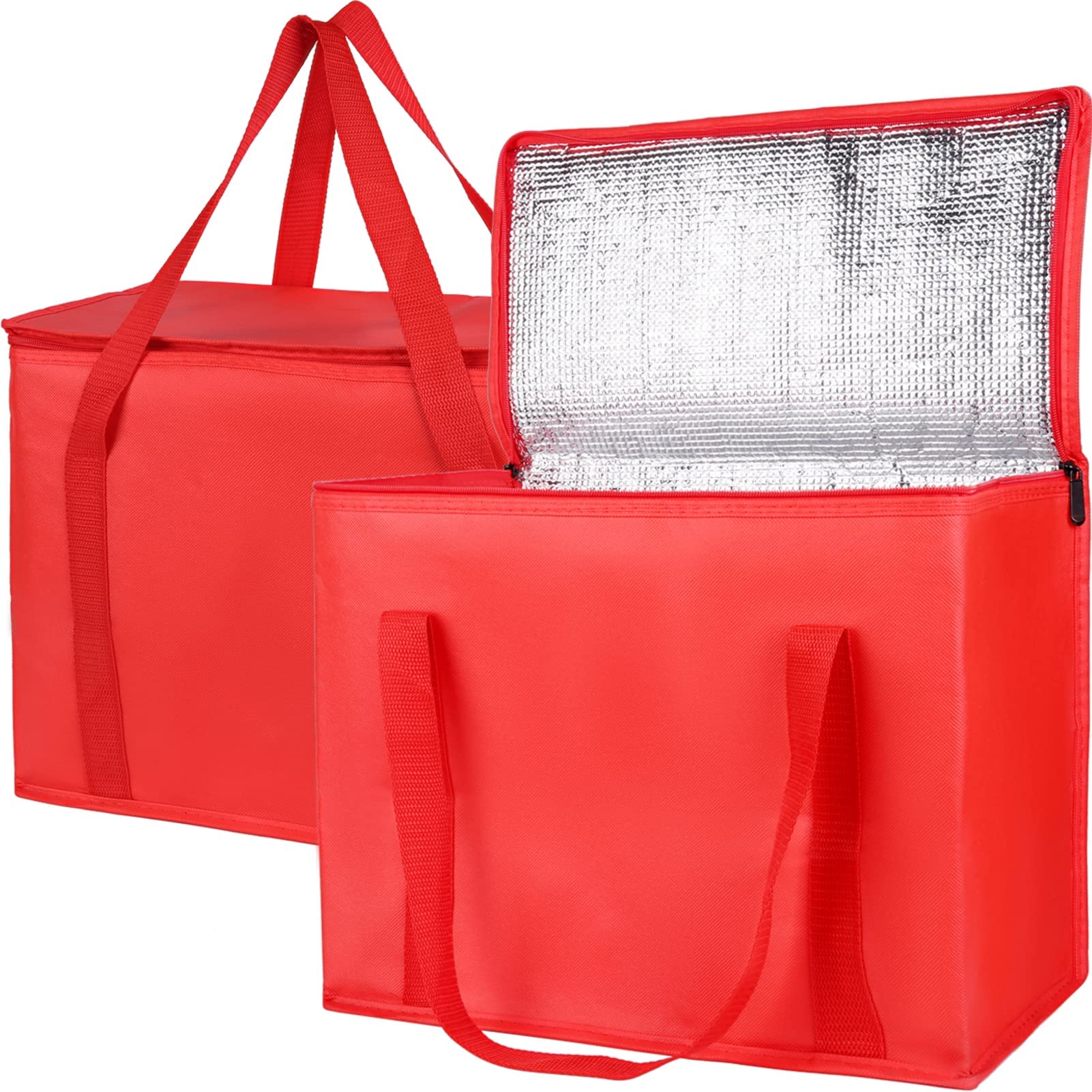 Photo 1 of Bodaon 2-Pack Insulated Reusable Grocery Bag with Zippered Top, X-Large Insulated Food/Pizza Delivery Bag, Frozen Foods Cold, Cooler Shopping Bags, Red