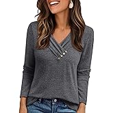 AUTOMET Womens Long Sleeve Tunic Top V Neck Button Shirts 2026 Dressy Casual Business Blouses