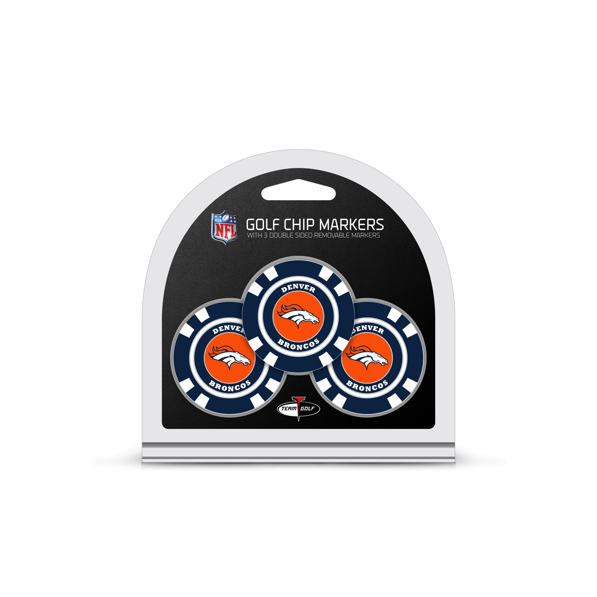 Team Golf NFL Denver Broncos 3 Pack Golf Chip Ball Markers, Poker Chip Size with Pop Out Smaller Double-Sided Enamel Markers
