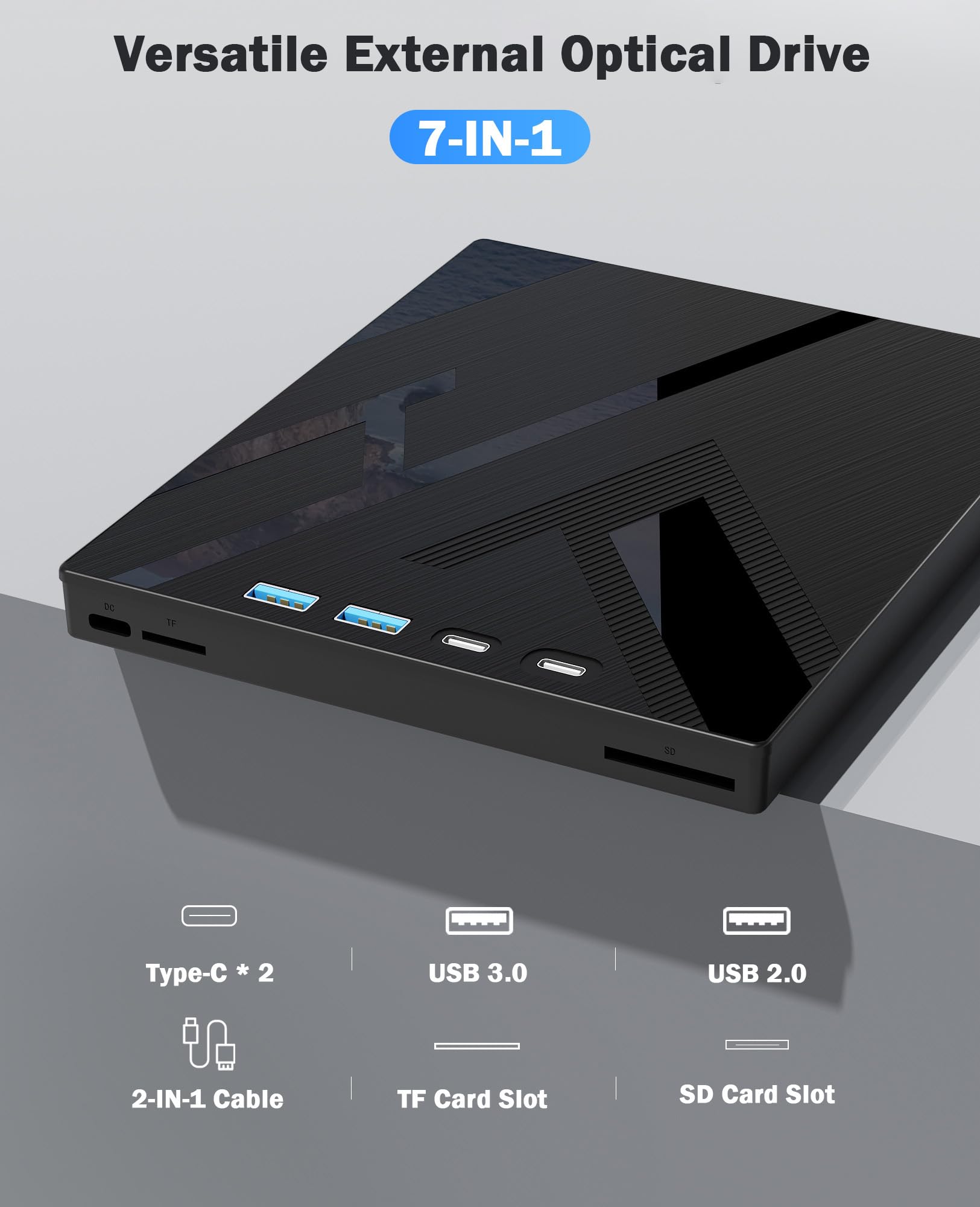 7 in 1 External CD/DVD Drive for Laptop, Portable DVD Player for Laptop with SD/TF Port, External DVD Drive with USB 3.0/Type C, CD Drive USB for PC Windows Linux