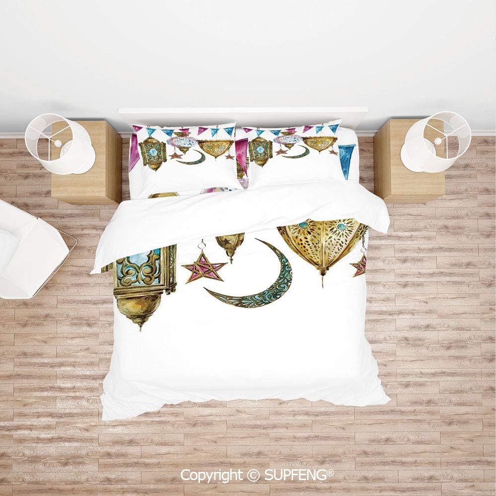 SCOXIXI 3D Duvet Cover Bedding Sets Arabic Lanterns with Star and Moon Shapes Original Oriental Illustration Decorative (Comforter Not Included) Soft, Breathable, Hypoallergenic, Fade Resistant