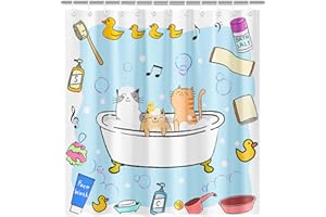 Lindameler Funny Cat Shower Curtain Set for Kids Blue Cute Fabric Shower Curtain Waterproof Cartoon Bathroom Curtain with 12 Hooks 72x72 Inches