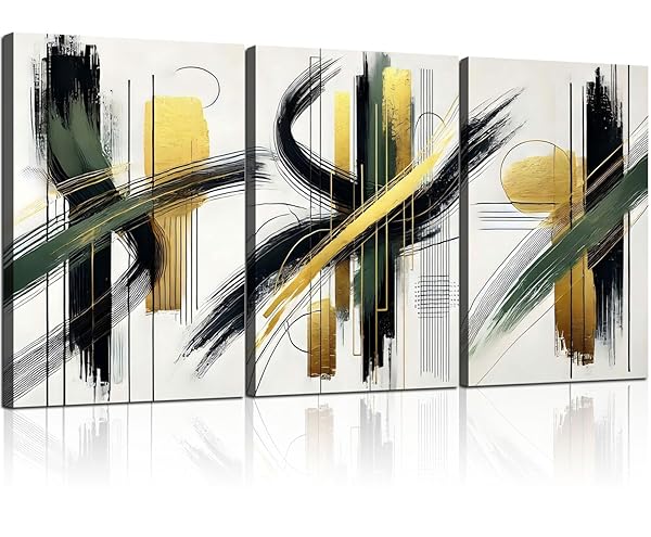 3 PCS FRAMED ABSTRACT WALL ART MODERN GALLERY PRINTS BLACK GREEN GOLD LINES CANVAS PAINTING MINIMALIST POSTER PICTURE LIVING ROOM BEDROOM OFFICE WALL DECOR 16X24 INCH READY TO HANG