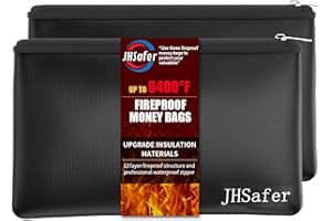 JHSAFER 6400℉ Fireproof and Waterproof Money Bags 2pcs with Zipper,11''x6.3'' Fireproof Cash Bag with Zipper,Fireproof Wallet Envelope Safe Pouch Fireproof Bags for Cash Passports Keys Jewellery(Black)