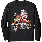 Santa Claus Riding Christmas Motorcycle Lights Funny Design Long Sleeve T-Shirt