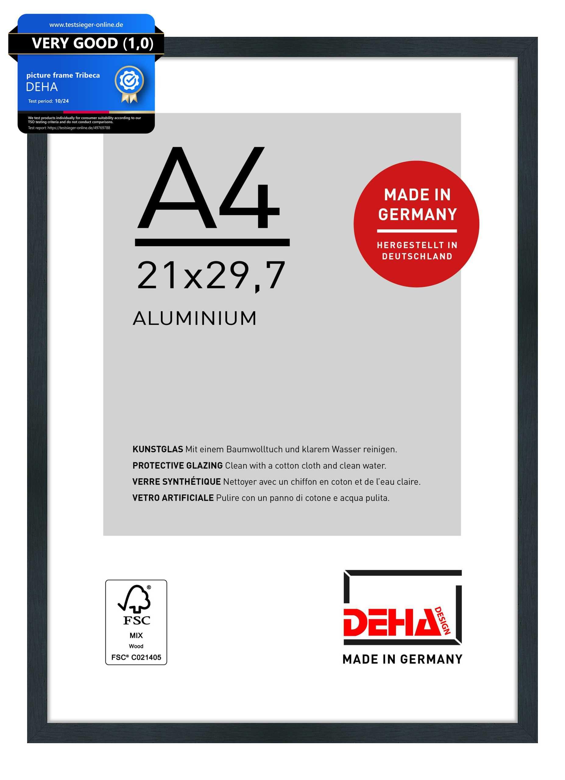 DEHA Design Tribeca Aluminium Picture Frame - A4 (21x29.7 cm) – Brushed Black - with Synthetic Glass and Push/Turn Clips
