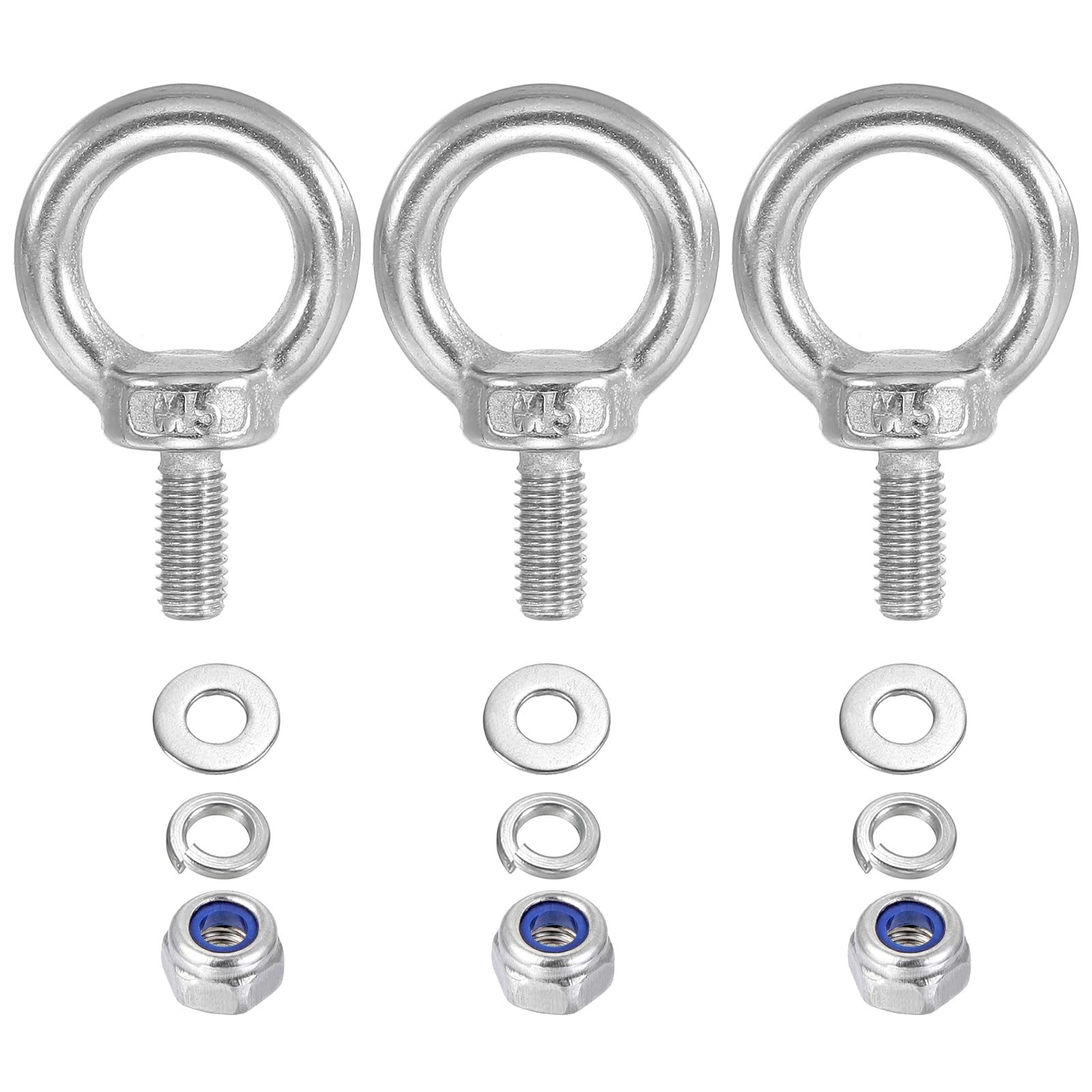 PATIKIL M5 x 10mm Lifting Shoulder Eye Bolt, 3Pcs 304 Stainless Steel Lifting Ring Threaded Eyebolt with Nuts Washers for Hanging Hammocks Articles