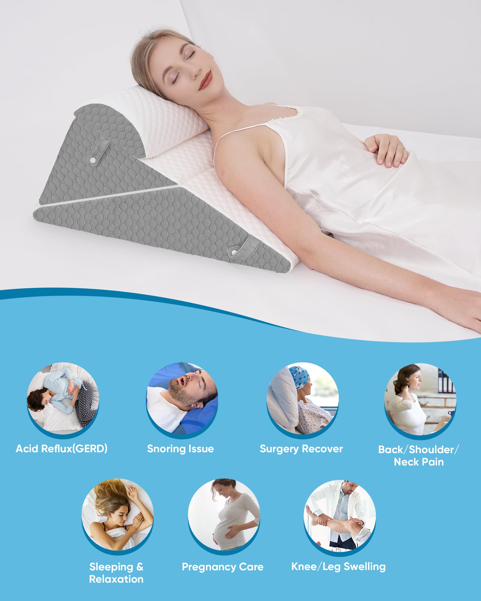 Forias Wedge Pillow Headboard for Acid Reflux Relief Adjustable Bed Wedge Pillow Post Surgery Pillow Wedge for Sleeping with Half-Moon Memory Foam Bolster Pillow for Back Legs Pain Snoring Sleep Apnea