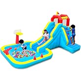 Bounwell Inflatable Water Slide, Blow Up Water Slide with Climbing Wall, Water Slide for Kids Backyard with Basketball Hoop, Water Cannon and Splash Pool