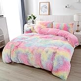 PERFEMET Pink Faux Fur Fluffy Comforter Twin 3-Piece Colorful Rainbow Plush Shaggy Bedding Sets for Girls Tie Dye Fuzzy Furry Comforter Set(Pink, Twin)