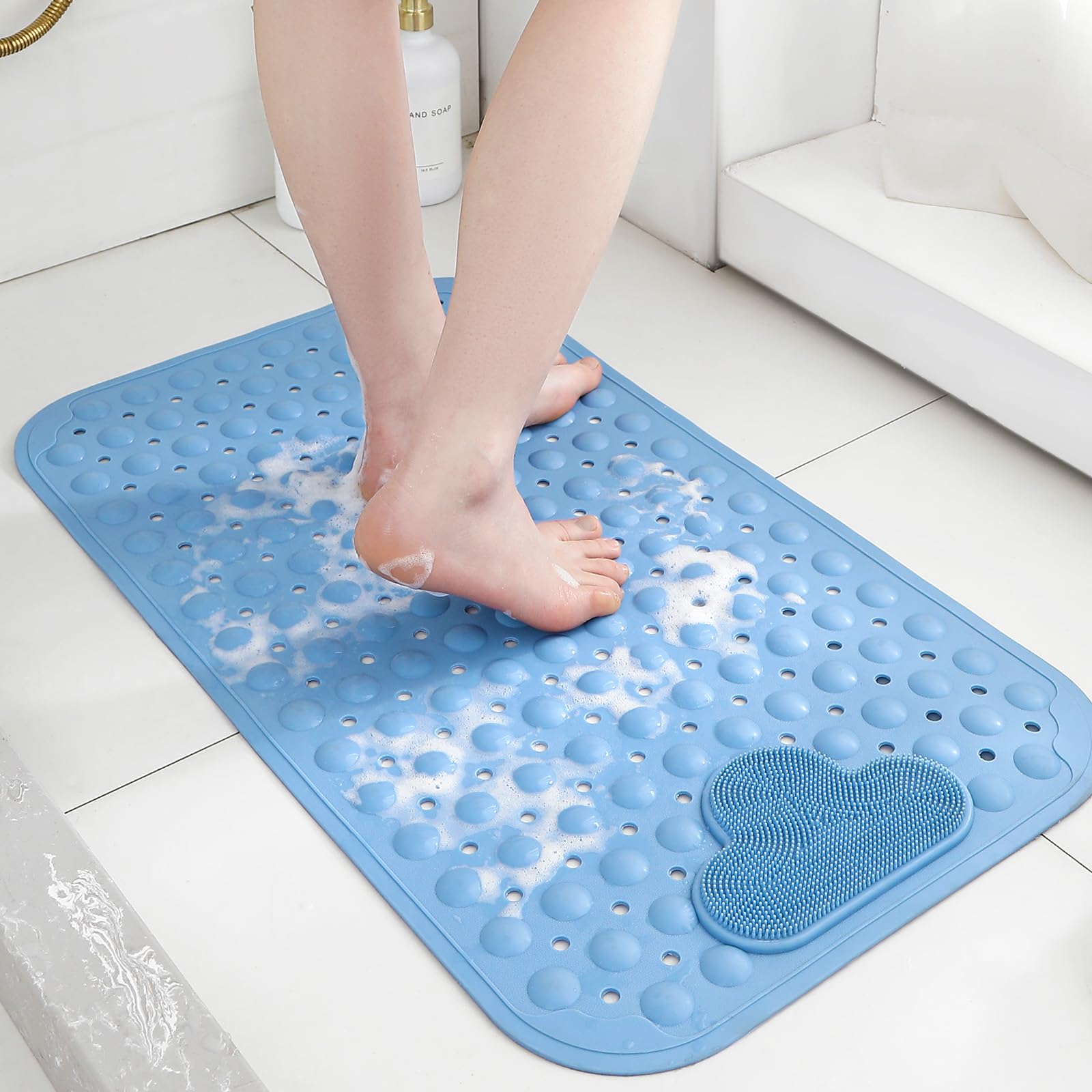 XIYUNTE Shower Mat Non Slip Anti Mould for Elderly, 70 x 40 cm Bath Mat with Foot Massage, Non Slip Shower Mats for Inside Shower, Anti Slip Shower Mat, Easy to Clean and Care, Blue