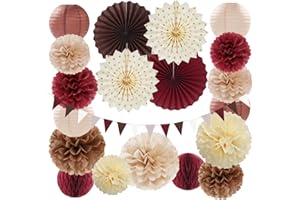Burgundy Brown Beige Boho Party-Decorations - 20pcs Dusty Pink Fall Birthday Paper Lanterns Fans,Tissue Pom Poms,Honeycomb Balls,Autumn Wedding Bridal Shower Rustic Neutral Baby Decor Burgleda