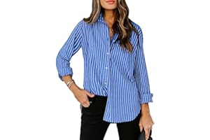 siliteelon Womens Button Down Shirts Cotton Striped Dress Shirt Long Sleeve Collared Office Work Blouses Tops