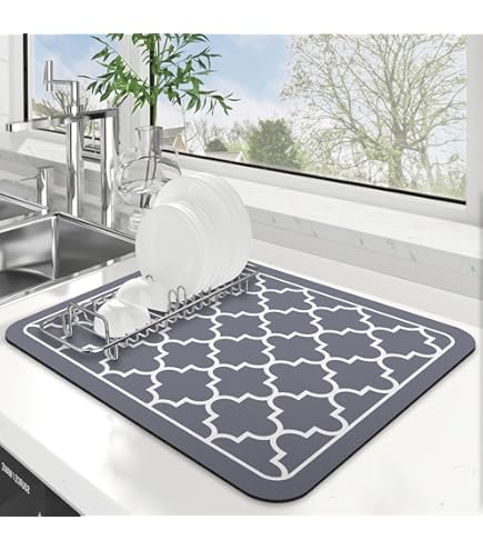 HQ 2-Pack Large Microfibre Dish Drying Mat – Super Absorbent, 47x42cm (Brown/Beige/Black/Silver)