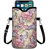 IRADA Neoprene Cell Phone Sleeve Pouch Case Bag with Crossbody Strap Neck Lanyard for Women Men 7.6 X 4.3 Inches-Luxury Flowers Shockproof Universal Phone Bag
