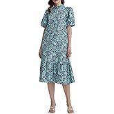 Summer Floral Midi Dress for Women Spring Puff Short Sleeve Button Down Flowy Boho Dresses