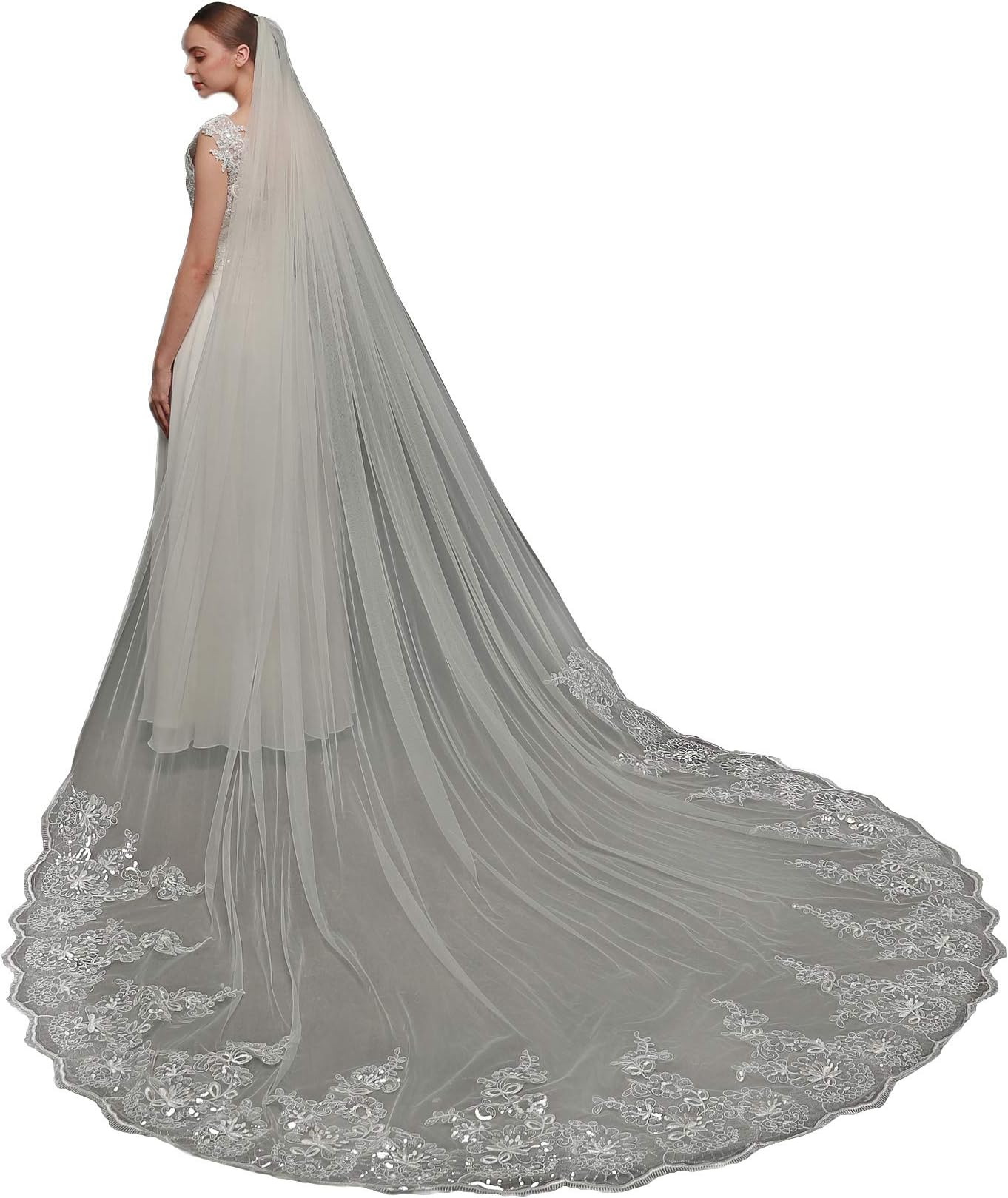 EllieHouse Women's 1 Tier Cathedral Sequin Lace Wedding Bridal Veil With Comb L63
