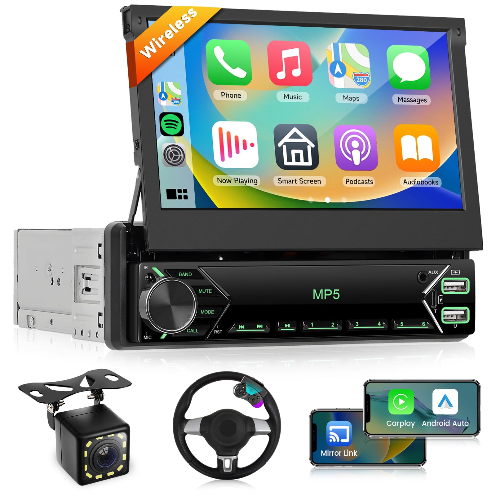 Podofo Single Din Car Stereo with Wireless Carplay Android Auto, 7 inch Foldable HD IPS Touch Screen Bluetooth Radio, Mirror Link, FM, EQ Audio, SWC, Backup Camera, External Mic, 2 USB+Type-C Ports