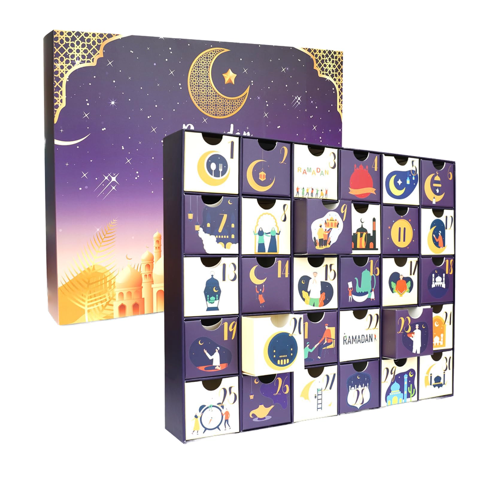 Photo 1 of Ramadan Calendar,Ramadan Advent Calendar with 30 Countdown Drawers DIY filling,Pre-Assembled Box For Ramadan Decorations, Engage your Kids with a beautiful Ramadan gift & Eid gift for kids (Purple)