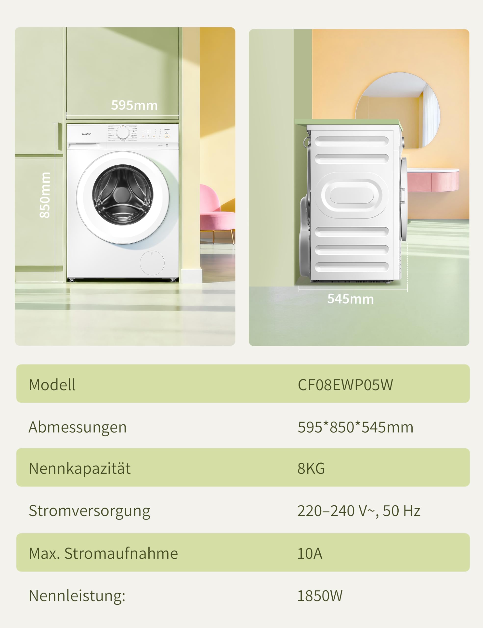 Comfee Waschmaschine 8kg, Washing machine mit Tierhaar-Programm & Dampffunktion,16 Programme,Energy Efficiency Class A-10%,Nachlegefunktion, Leise & Energiesparend, CF08EWP05W, Weiß 9