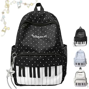 Piano Backpack Y2k Music Bookbag with Polka Dots, Lightweight Nylon | Padded Straps, Campus & Travel Use, Novelty Daypack, Wh