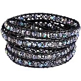 NewZenro Genuine Leather Bracelet Multi Colors Crystal Beads Wrap Bracelets for Women Fashion Trendy Jewelry (5 Wraps, Facet AB Rhinestone)