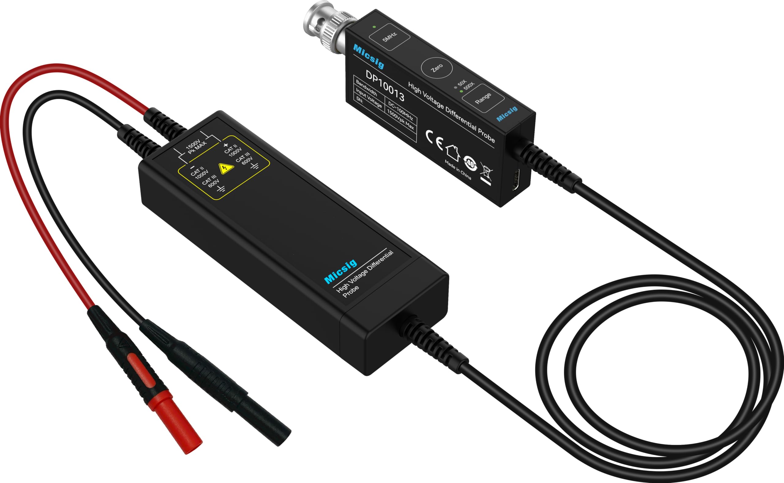 Micsig DP10013 High Voltage Differential Probe 1300V 100MHz 3.5ns Rise Time 20X/200X Attenuation, Tektronix P5200A P5205A P5210A,White