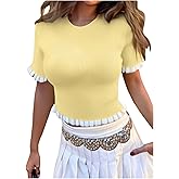 GORGLITTER Women's Cute Sweaters Short Sleeve Ruffle Trim Sweater Lightweight Casual Fall Pullover Knit Top