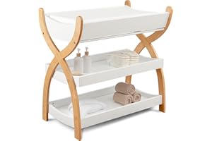 Comfy Cubs Baby Changing Table - Sturdy Wood Construction, Timeless Look Baby Change Table with Two Open Shelves for Infant Daycare Essentials Storage - White with Natural Wood Legs