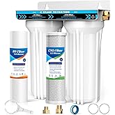 RV Dual Water Filter System, 4-Layer 2 Stage RV Water Filtration System, Removes Sediments,Chlorine,Heavy Metals, Odors, Water Filter for RV, Campers, 3/4'' Lead-Free Hose Quick Connectors