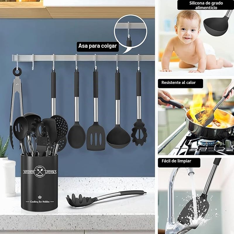 Juego de 16 piezas de utensilios de cocina de silicona, utensilios resistentes al calor para asas de cocina y panadería de acero inoxidable, espátula antiadherente, juego de utensilios de cocina — foto 3 de 7