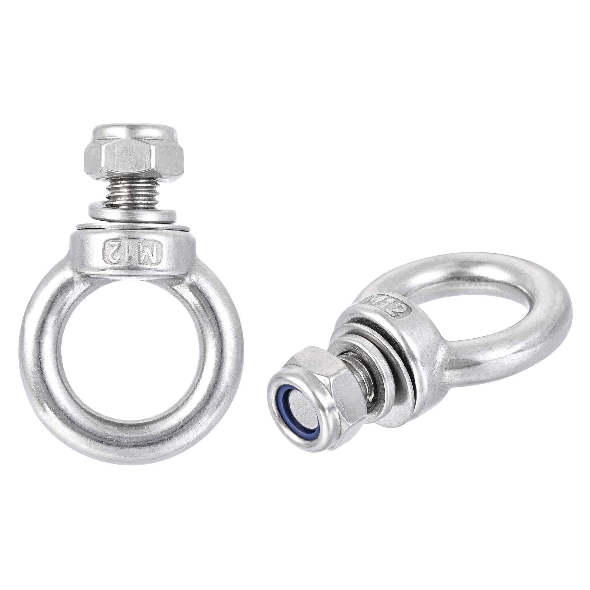 sourcing map Lifting Eye Bolt M12 x 20mm Male Thread with Hex Screw Nut Gasket Flat Washer for Hanging Securing Chain Wire Rope, 304 Stainless Steel, 2 Sets