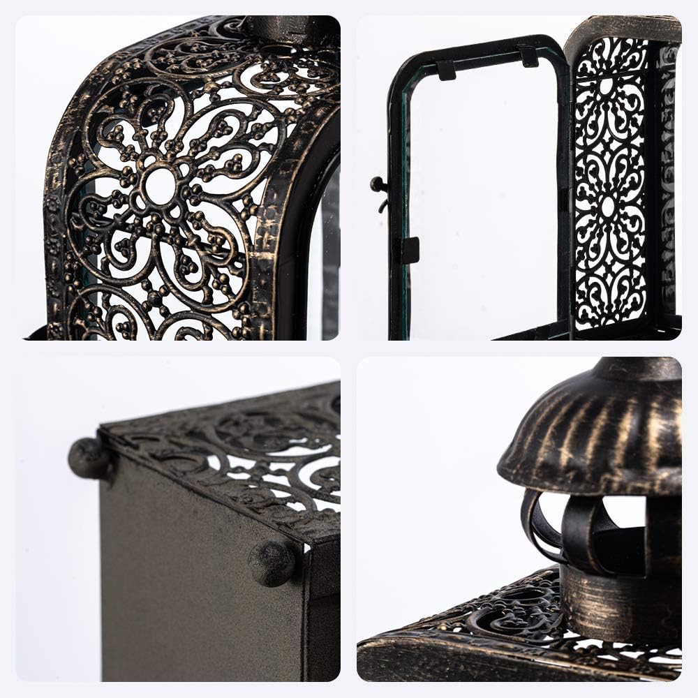 DECORKEY Candle Lantern, Vintage Decorative Hanging Lantern, Metal Tabletop Lantern for Home Outdoor Patio Decor, Candle Holders with Clear Glass (Bronze): Kitchen & Dining